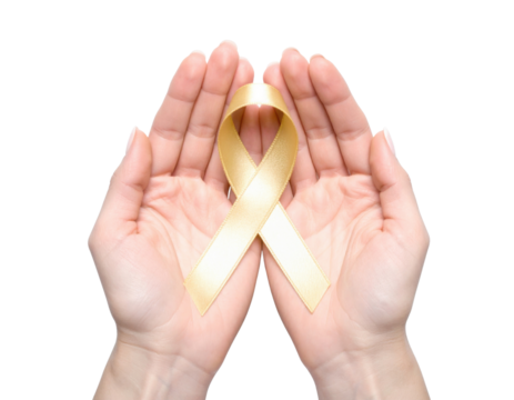 A pair of hands holding a yellow awareness ribbon, symbolizing support and advocacy for various causes.
