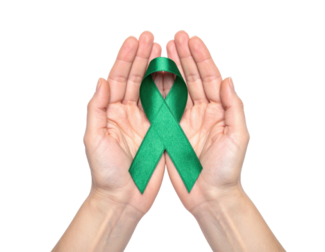 A pair of hands gently holding a green awareness ribbon, symbolizing support for various causes.