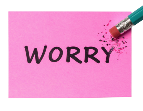 A pink note with the word "WORRY" being erased by a pencil eraser, symbolizing the act of letting go of concerns.