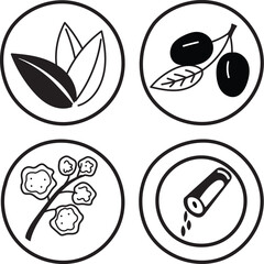 Icons Depicting Almonds, Olives, Shea Butter, and Salt, Contained in Circles With Black Borders