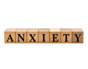 Wooden blocks arranged to spell the word "ANXIETY".