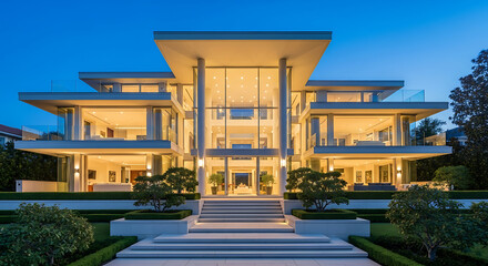 Obraz premium Modern luxury mansion exterior illuminated evening dusk architectural design