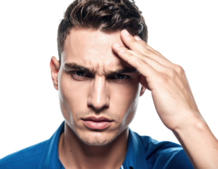 A serious young man with a furrowed brow and hand on his forehead appears to be in deep thought or feeling stressed against a dark background.