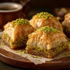 Delicious baklava pieces topped with crushed pistachios on a wooden platter in a warm setting