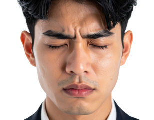 A close-up of a man with closed eyes, displaying a serious expression and focused features.