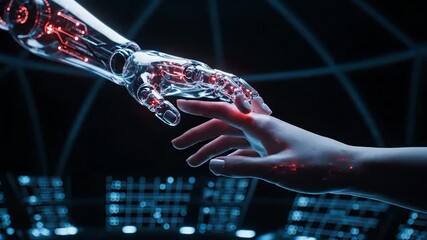 Human hand reaches robot hand. Closeup shows touch interaction and connection. Futuristic technology robotics highlight artificial intelligence and automation. Blue lights and grid set technical mood. - Powered by Adobe