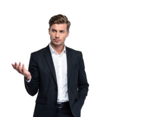 A well-dressed man in a suit gestures thoughtfully, conveying a sense of inquiry or contemplation.