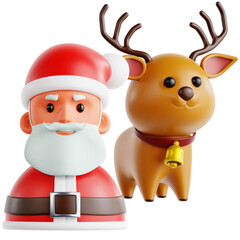 Cheerful 3D Santa Claus and his trusty reindeer companion bringing festive joy and holiday spirit, ready for Christmas celebrations and gift delivery