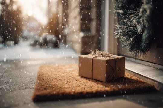 Winter scene with a parcel on a doormat during snowfall outside a house