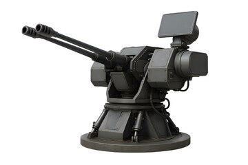 Automated Dual-Barrel Anti-Aircraft Gun Turret &mdash; Realistic 3D Render with Radar Targeting System on Transparent Background