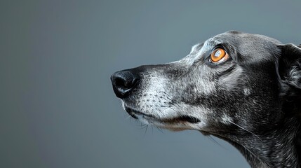 Close-up portrait of grey greyhound with amber eyes against dark background, showing distinctive breed features and alert expression in dramatic lighting.