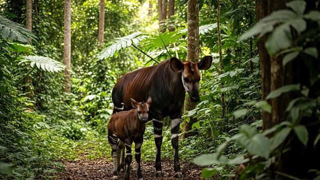 Okapi and calf quietly walking in lush rainforest, filtered sunlight streams