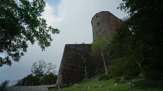 Low-angle view of massive stone walls of Citadelle Laferri&egrave;re, fortress in Haiti
