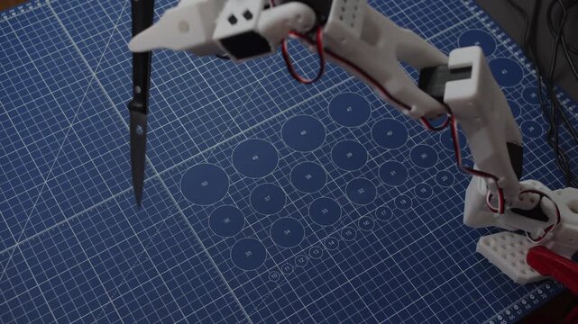 A 3D-printed robotic arm with a sharp blade rests on a blue cutting mat.