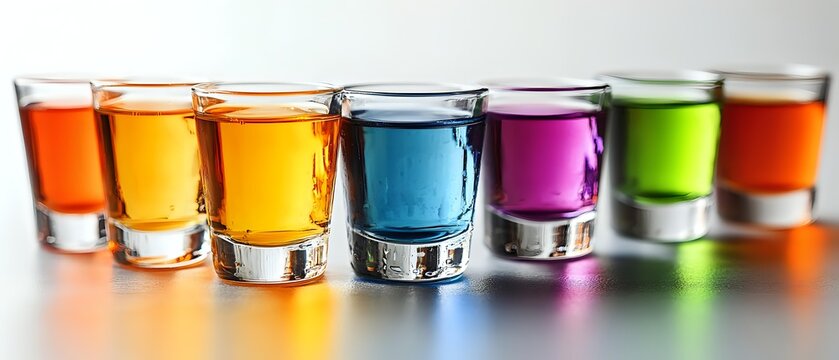 Colorful shot glasses filled with vibrant liquids arranged in rainbow sequence on reflective surface, creating striking visual display for bar and beverage photography.
