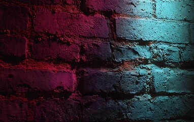 Obraz premium Textured brick wall bathed in vibrant dual-color neon lighting, creating a dramatic, atmospheric urban backdrop perfect for creative design