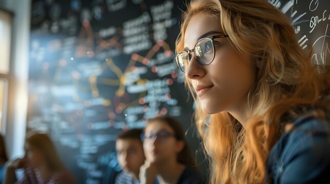 Young blonde woman in glasses looking thoughtfully at transparent board with business data, corporate meeting background, soft natural lighting effect. - Powered by Adobe