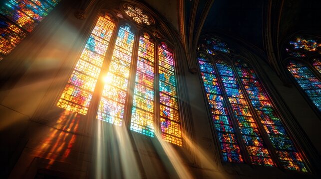 Colorful Stained Glass Window with Radiant Sunlight in a church