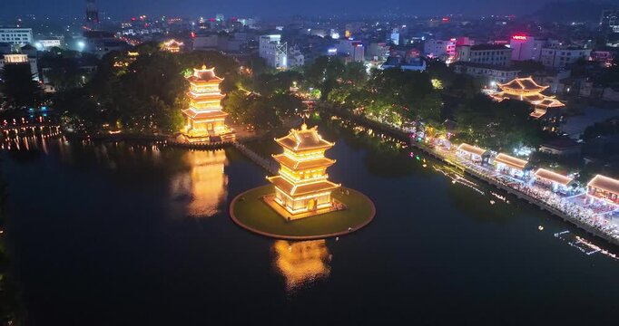 Night view of light up in Hoa Lu ancient town, Ninh Binh, Vietnam.