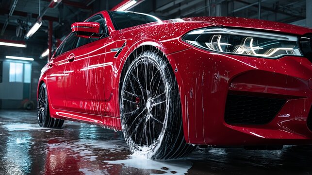 Stunning red luxury car gleams with fresh soap suds during a professional detailing service in a modern garage