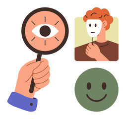 Hand holding magnifying glass over eye, person holding smiling mask, green happy face. Ideal for identity, self-discovery, perception, emotions, analysis psychology authenticity. Simple flat