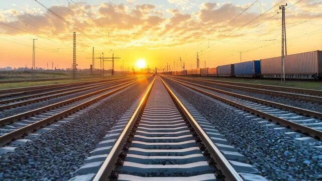 Beautiful sunset over railway tracks with cargo trains