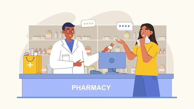 Pharmacist assisting customer with healthcare needs in a modern pharmacy setting, discussing symptoms and providing expert advice for wellness solutions