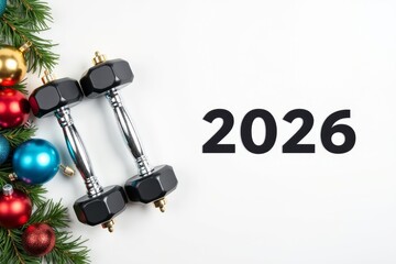 Numbers 2026 and Christmas balls with fir brunches and two black sports dumbbells on white background. Top view with copy space. Fitness, sport and healthy concept. AI generated