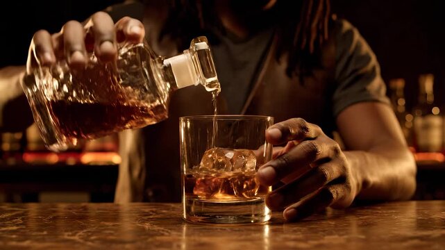 Bartender pouring whiskey into glass. Ice sphere sits inside glass. Decanter sits nearby on bar. Cocktail style drink shown with barware detail. Hands steady mid pour. Warm moody lighting ambience.