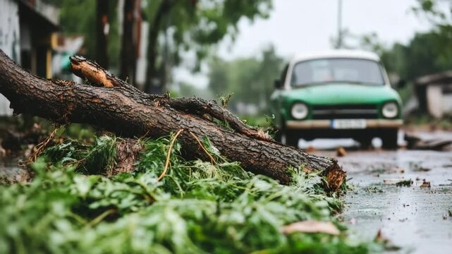 Storm aftermath shows fallen tree and damaged car on street