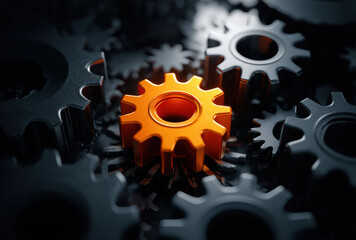 Vibrant orange gear stands out among dark metallic gears, symbolizing innovation and uniqueness