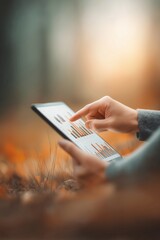 Hands scrolling through marketing performance charts on screen while seated on grass, with sun flare through leaves
