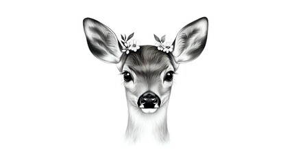 Fototapeta premium Young doe portrait with delicate floral crown in monochrome pencil style on white background, feminine and gentle expression, isolated artwork for design projects.
