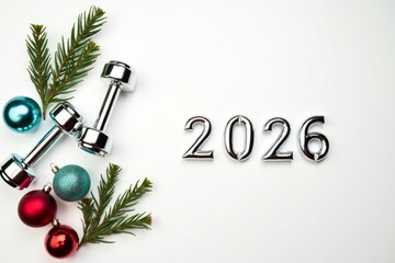 Numbers 2026 and Christmas balls with fir brunches and two black sports dumbbells on white background. Top view with copy space. Fitness, sport and healthy concept. AI generated