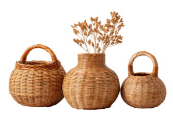 Woven baskets and vase hold dried floral arrangement