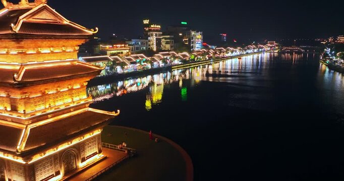 Night view of light up in Hoa Lu ancient town, Ninh Binh, Vietnam.