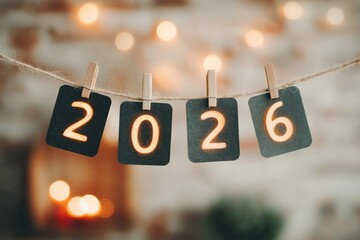 Illuminated 2026 numbers hanging like garland across blurred festive interior, with warm fairy lights