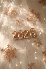 2026 New Year decoration with golden numbers and glitter snowflakes, festive background