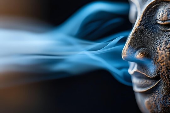 Bronze sculpture profile with ethereal blue smoke flowing from nose and mouth against dark background, creating mystical atmospheric effect. Macro photography.