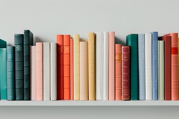 Row of vintage hardcover books in pastel and muted colors arranged on white shelf, spines showing various heights and thicknesses creating minimalist library display.
