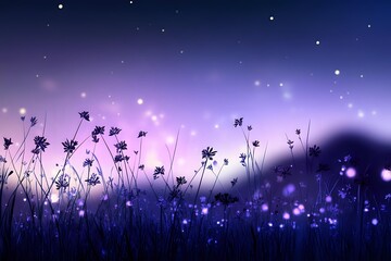 Magical twilight meadow with wildflower silhouettes against purple sky filled with glowing fireflies and stars, creating dreamy nature atmosphere.