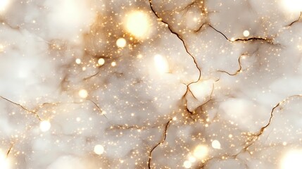 Luxurious marble texture with golden cracks and glowing light effects on beige background. Abstract natural stone pattern with luminous bokeh elements.