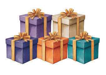 Watercolor stack of 5 colorful gift boxes with gold ribbons