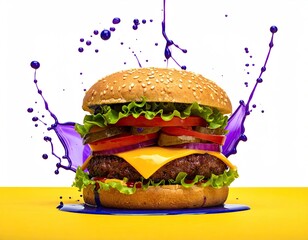 Vibrant burger with purple splash on yellow