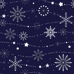 White cute snowflakes on a blue background. Whinter seamless pattern. Vector image.