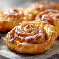 Delicious cinnamon rolls glazed with icing on a rustic table