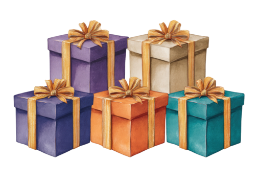 Watercolor stack of 5 colorful gift boxes with gold ribbons