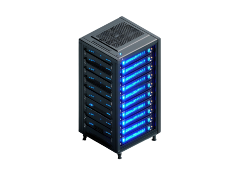 Data server rack with glowing blue lights, isometric view - Powered by Adobe