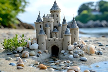 Detailed sandcastle with multiple towers and turrets on beach surrounded by seashells and pebbles, natural coastal setting with ocean and rocks in background.