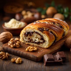Freshly baked chocolate and walnut roll served on a wooden board with nuts and chocolate pieces